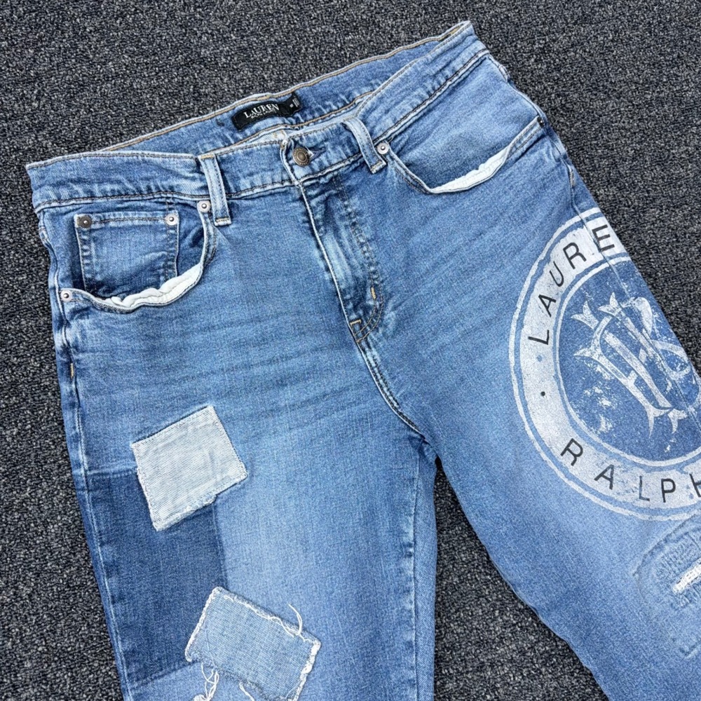 Lauren Ralph Lauren Womens Patchwork Logo Crest Straight Leg Jeans Blue Size 10 - Picture 11 of 11
